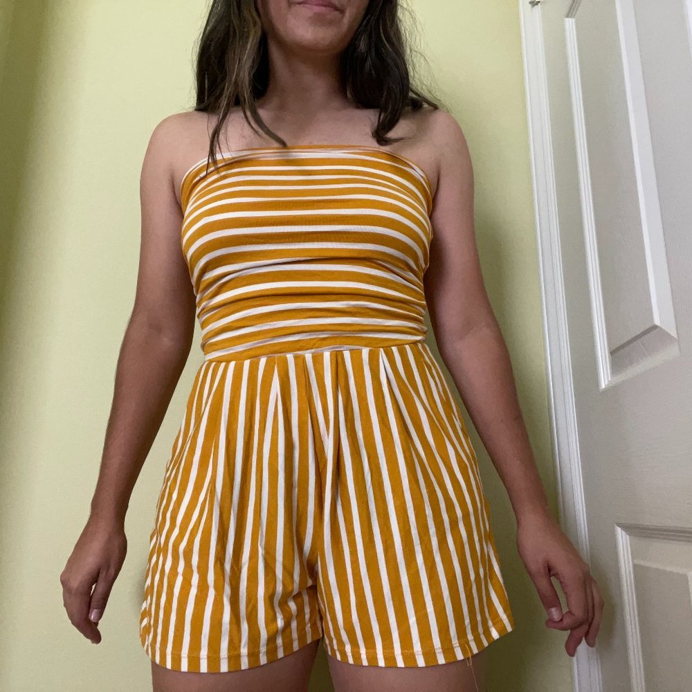 Yellow/Mustard and White Striped Strapless Romper